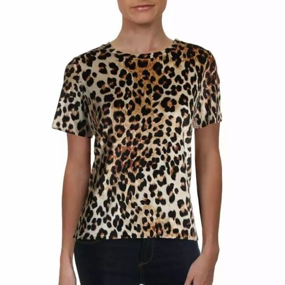 New AQUA Tan Leopard Animal Print Velour Top XS - Picture 1 of 2
